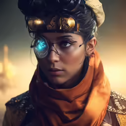 a woman wearing a head piece and a scarf with a ring in her ear