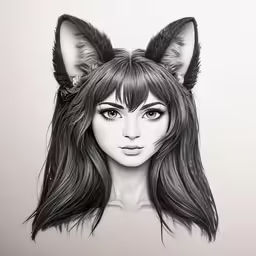 a penciled portrait of a girl with long hair and ears