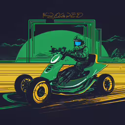 a person in green and yellow is driving on a green motorcycle,a person in a helmet rides a motor cycle with an arch behind them