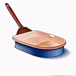 a blue pan with a brown lid and spoon
