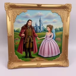a painting is on the wall in the corner,this is an image of a miniature painting of a man and woman holding hands