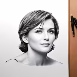 the woman with a short hair and blue eyes is a pencil drawing on a notepad