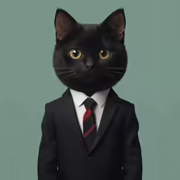a black cat in a business suit with one big eye