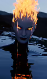 a woman is floating in the water wearing flames