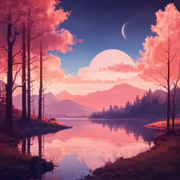 a full moon with a mountain landscape is reflected in a calm river,a sunset view of the sky, trees, and water