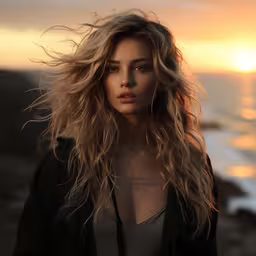 a beautiful young woman with long hair standing on the beach at sunset,an attractive young lady is posing near the ocean