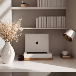 the vase with flowers sits next to an apple monitor on a desk