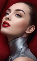 woman in red lipstick and silver dress with red curtain