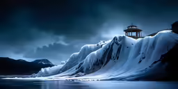 there is a light house at the end of a snowy mountain
