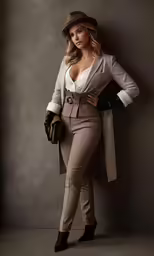 a woman with long brown hair and white jacket and tan pants