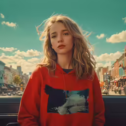 a young girl is sitting in the back of a car with an ugly sweatshirt on