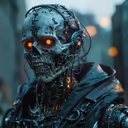 a skeleton dressed up as a robot with orange eyes