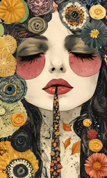 woman with black hair and flowers with eyes closed