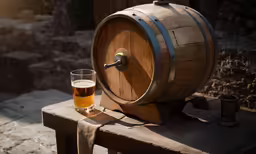 a glass of beer next to a wooden barrel on a table