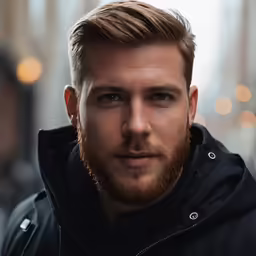 a man with red hair and black jacket looks into the camera