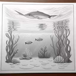 the drawing depicts fish swimming over an ocean