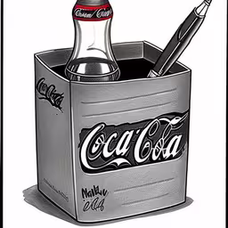 a drawing of a coca cola box with pens inside,a drawing of a cooler with a coke cola in it