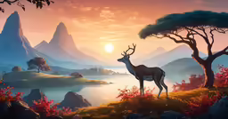 the giraffe stands beside a river in a painting