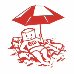 a man that is sitting in the sand under an umbrella