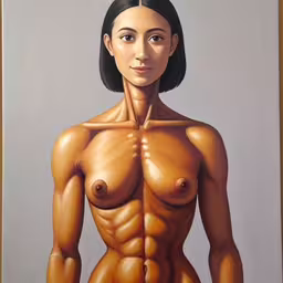 a nude woman wearing a brown shirt stands in front of a painting,painting of a nude female with her shaved body