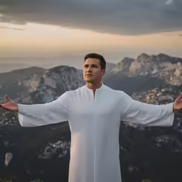 a man in white with his arms spread
