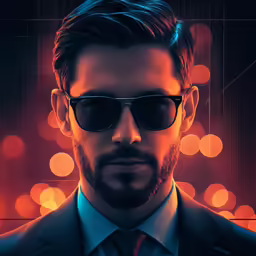 a man with dark sunglasses and a suit jacket stands next to a red background