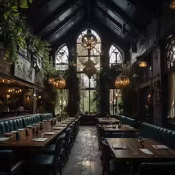 a restaurant with wooden tables and benches under large windows