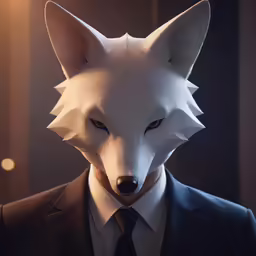 a very unusual looking white wolf in a suit