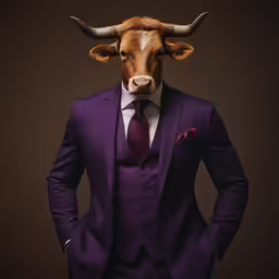a man wearing a purple suit with a bull head on top