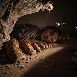 the woman in a creepy costume is laying on the floor