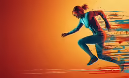 the woman is running in her bodysuit on an orange background
