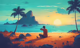 a man that is sitting down on a beach,man sitting on beach at sunset looking into the distance