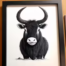 a large cow with long horns is seen in this black and white drawing