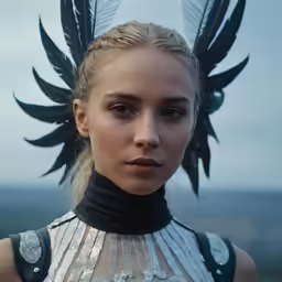 a woman with black wings is wearing white and black