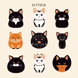 black cat with white, orange and orange kittens on white background