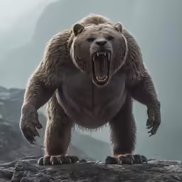 the bear is sitting on the rocks and hissing