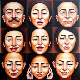an art work of men and women, with faces painted as human faces,a bunch of different types of faces with different shapes and sizes,several images of men with multiple facial expressions,an image of multiple faces with different expressions,several heads and facial expressions of different people