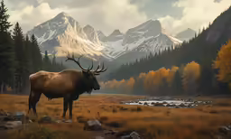 a deer standing in a field with mountains behind it