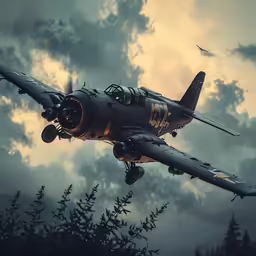 a large air plane flying over some pine trees