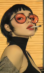 a girl with glasses smoking a cigarette on a bamboo mat