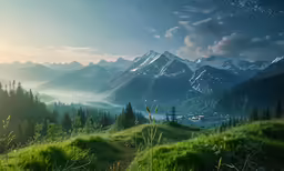 a mountain valley with a green valley below