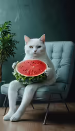 a white cat is sitting with a watermelon on his lap