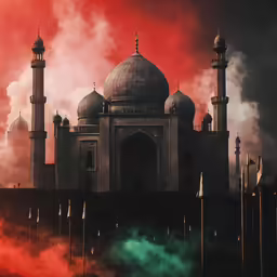 a building with smoke in front of a sky background