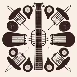 a stylized, circular drawing with music instruments