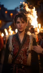 a person in a chinese costume standing with fire