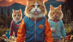 a couple of cats are standing on some dirt