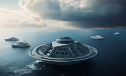 a group of three ships sailing on top of the ocean