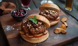 an image of two hamburgers on wooden cutting board