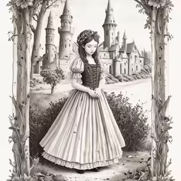 a girl in an old - fashioned dress in front of a castle with a princess on her