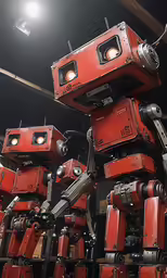 four red metal robots stand beside each other with one glowing light